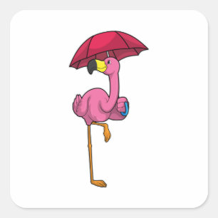 Flamingo at Raining with Umbrella Square Sticker