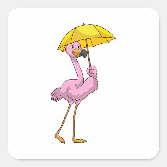 Flamingo at Raining with Umbrella Square Sticker (Front)