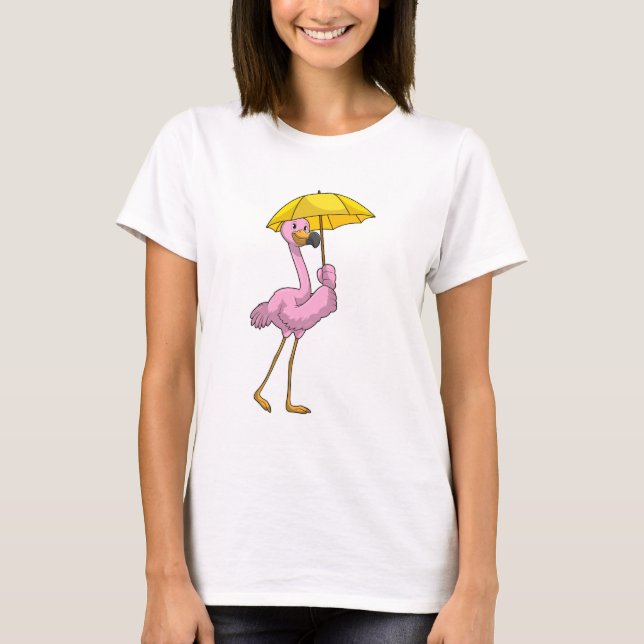 Flamingo at Raining with Umbrella T-Shirt (Front)