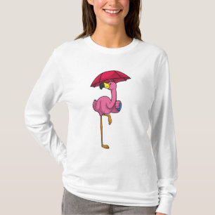Flamingo at Raining with Umbrella T-Shirt