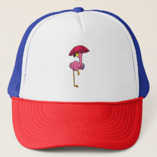 Flamingo at Raining with Umbrella Trucker Hat