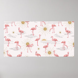 Flamingo at sunset hand drawn seamless doodle patt poster
