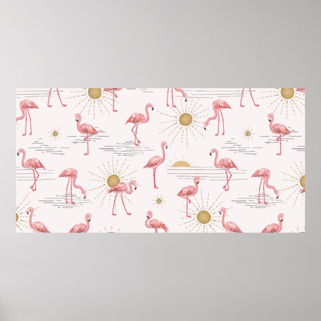 Flamingo at sunset hand drawn seamless doodle patt poster (Front)