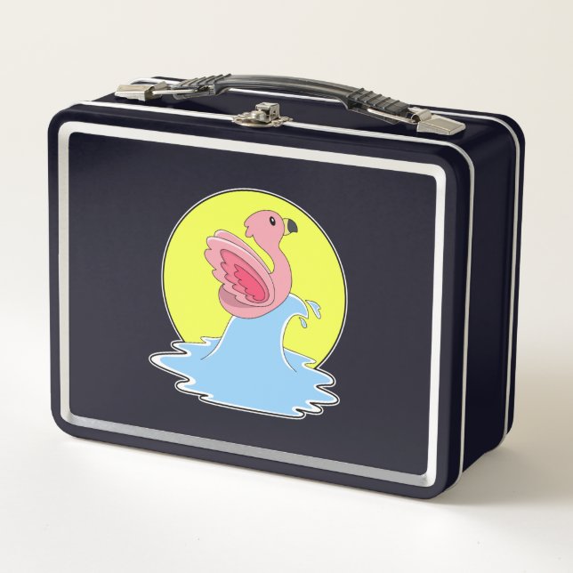 Flamingo at Surfing on Water Metal Lunch Box (Front)