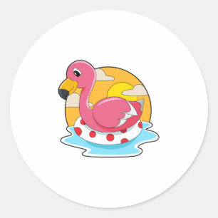 Flamingo at Swimming with Lifebuoy Classic Round Sticker