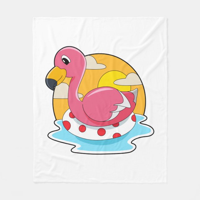 Flamingo at Swimming with Lifebuoy Fleece Blanket (Front)