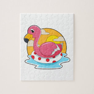 Flamingo at Swimming with Lifebuoy Jigsaw Puzzle