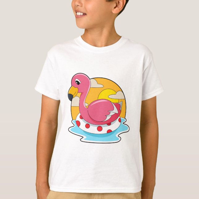 Flamingo at Swimming with Lifebuoy T-Shirt (Front)