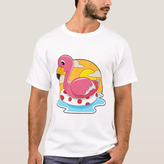 Flamingo at Swimming with Lifebuoy T-Shirt (Front)