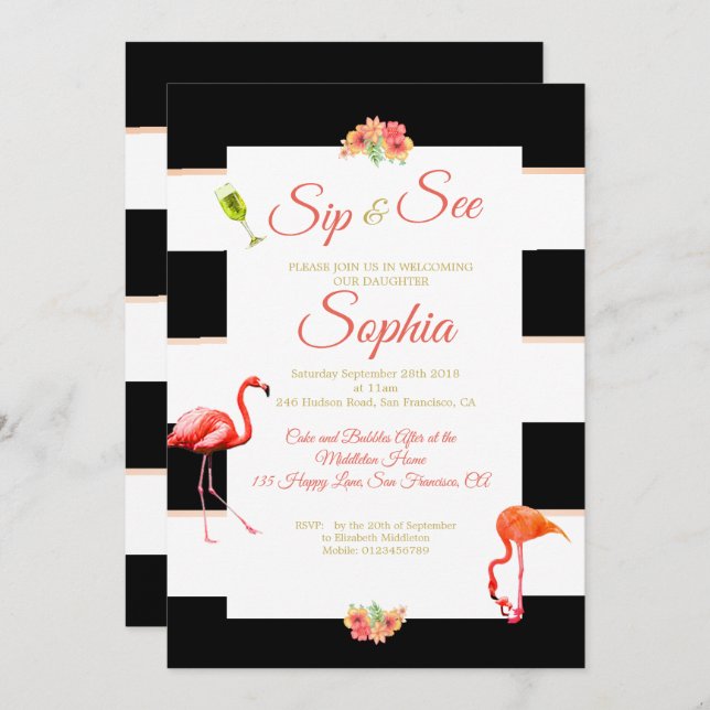 Flamingo Baby Black Pink Stripe Sip and See Invitation (Front/Back)
