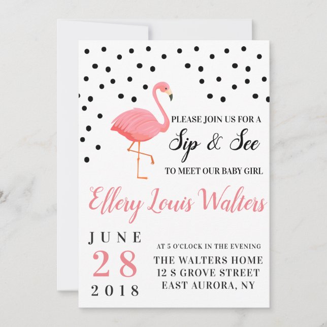 Flamingo Baby Girl Sip and See Invitation (Front)