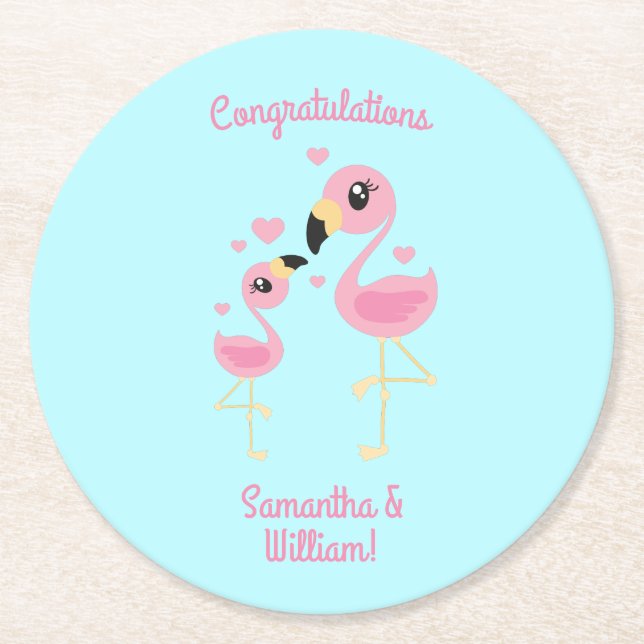 Flamingo Baby Shower Cute Tropical Round Paper Coaster (Front)