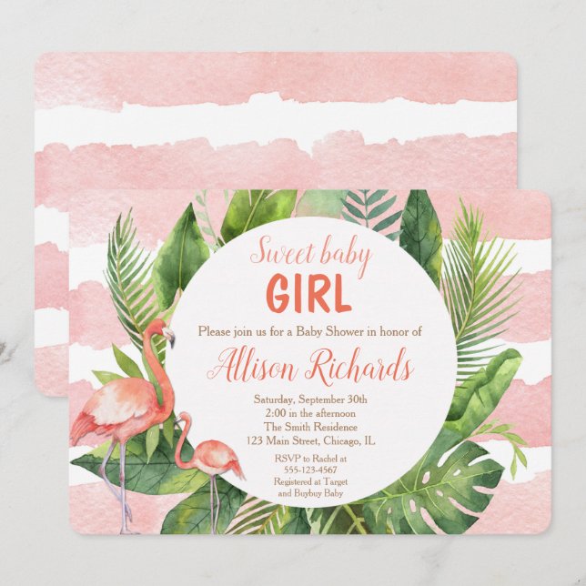 Flamingo baby shower invitation girl watercolor (Front/Back)