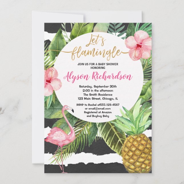 Flamingo baby shower, pink gold black tropical invitation (Front)