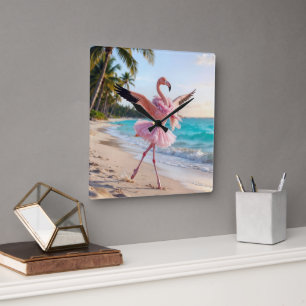 Flamingo Ballerina In a Pink Tutu On the Beach Square Wall Clock