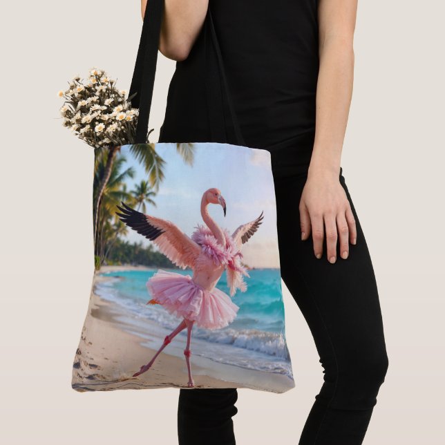 Flamingo Ballerina In a Pink Tutu On the Beach Tote Bag (Close Up)