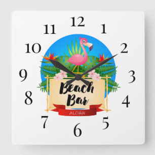 Flamingo Beach Bar Square Wall Clock