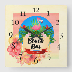 Flamingo Beach Bar Square Wall Clock