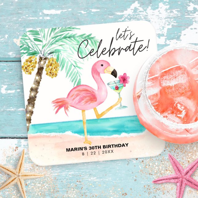 Flamingo Beach Cocktail Palm Tropical Birthday Square Paper Coaster (Creator Uploaded)