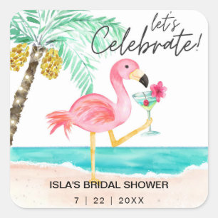 Flamingo Beach Cocktail Tropical Bridal Shower Square Sticker