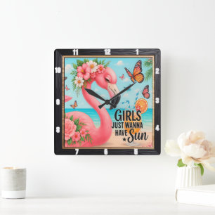 Flamingo Beach "Girls Wanna Sun Square Wall Clock