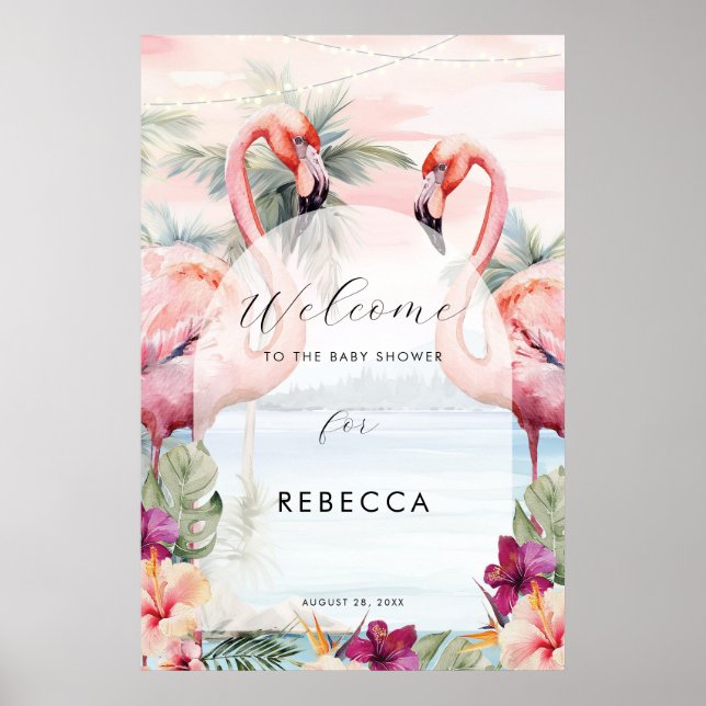 flamingo beach ocean baby shower sign poster (Front)