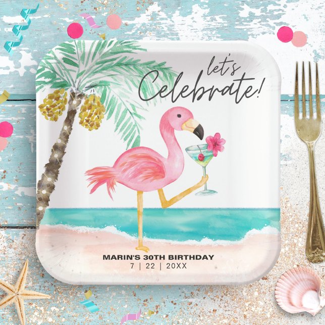 Flamingo Beach Party Tropical Cocktail Birthday Paper Plate (Creator Uploaded)