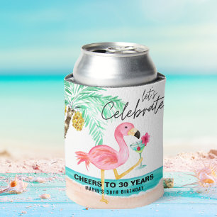 Flamingo Beach Party Tropical Palm Birthday Can Cooler