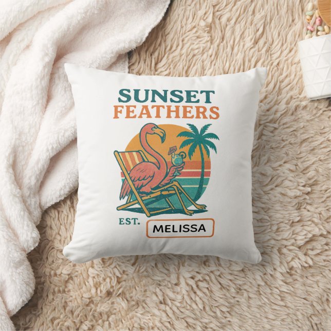 Flamingo Beach Scene with Custom Name Option Cushion (Blanket)