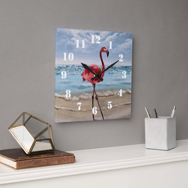 Flamingo Beach Square Wall Clock (Office)