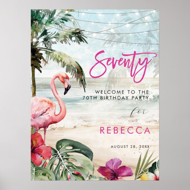 flamingo beach tropical 70th welcome sign poster (Front)