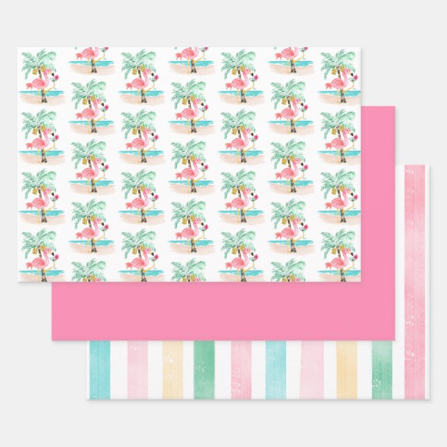 Flamingo Beach Tropical Birthday Wrapping Paper Sheet (Set)