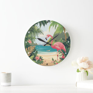 Flamingo Beach Tropical  Large Clock