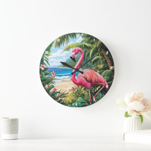 Flamingo Beach Tropical Large Clock