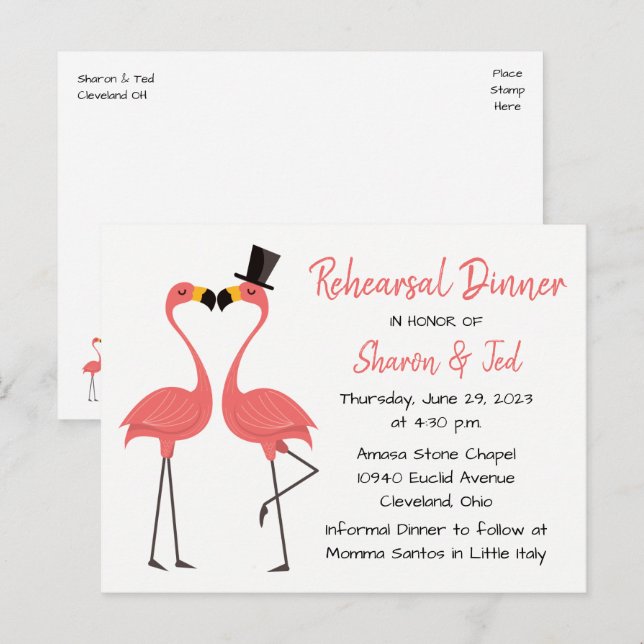 Flamingo Beach Tropical Wedding Rehearsal Dinner Invitation Postcard (Front/Back)