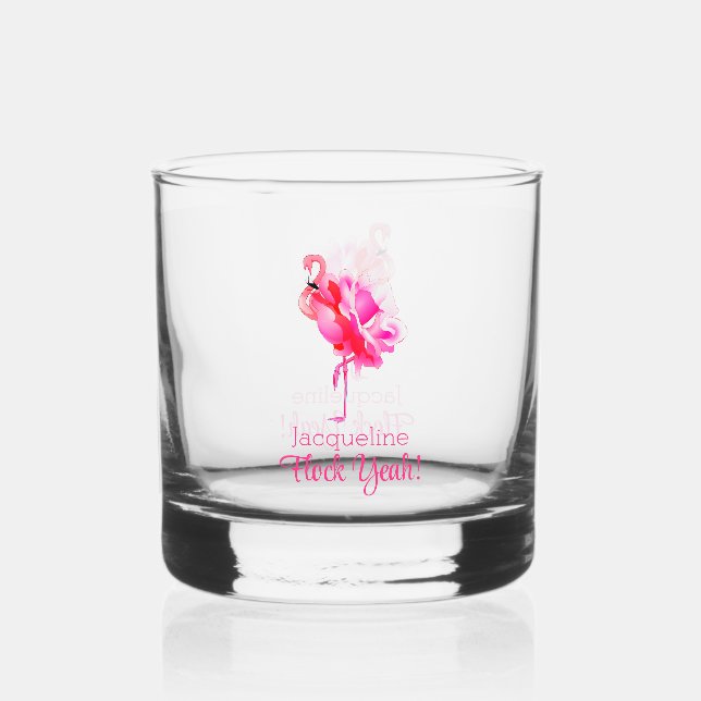 Flamingo Beach Wedding Bridesmaid Flock Yeah Whiskey Glass (Front)