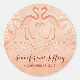 flamingo beach wedding classic round sticker