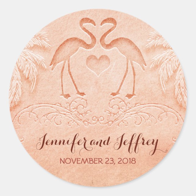 flamingo beach wedding classic round sticker (Front)