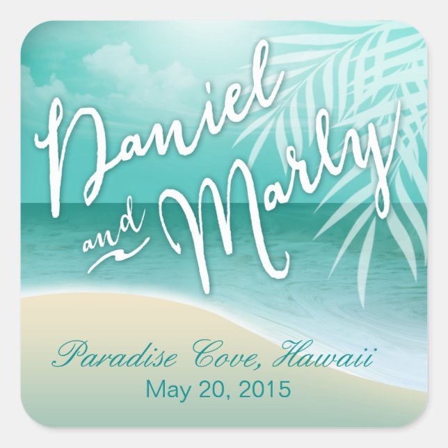 Flamingo Beach Wedding Favour | aqua Square Sticker (Front)