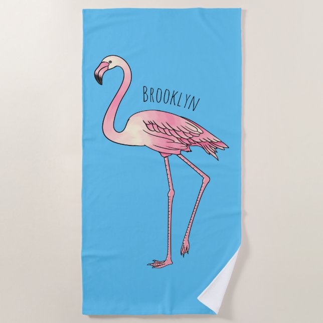 Flamingo bird cartoon illustration  beach towel (Front)