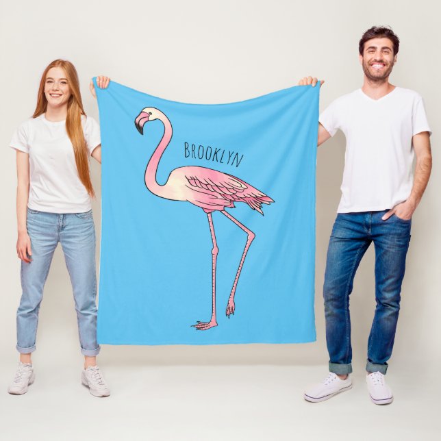 Flamingo bird cartoon illustration fleece blanket (In Situ)