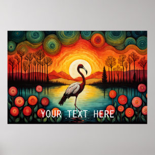 Flamingo Bird Lake Sunset Colourful Floral Poster