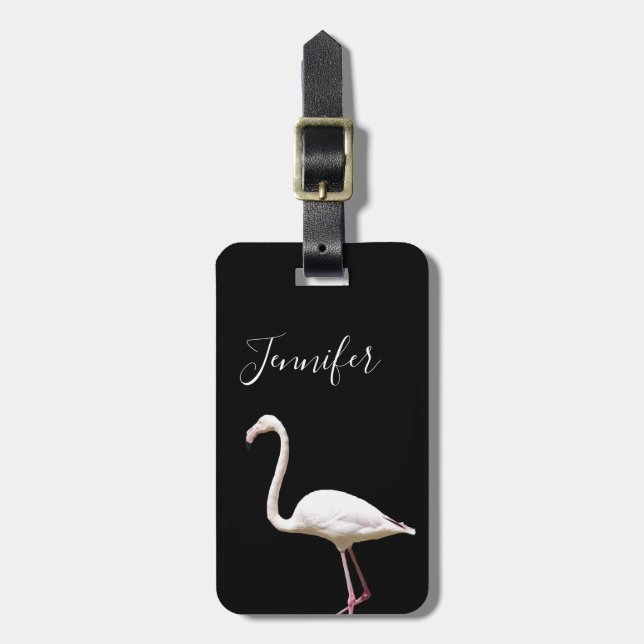 Flamingo Bird on Black Personalised Name Luggage Tag (Front Vertical)
