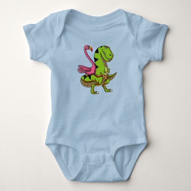 Flamingo Bird Riding T-Rex Dinosaur Baby Bodysuit (Front)