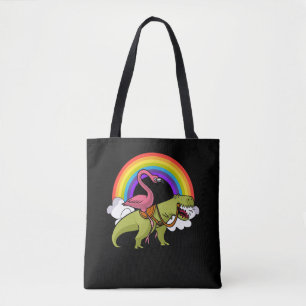Flamingo Bird Riding T-Rex Dinosaur Rainbow Tote Bag