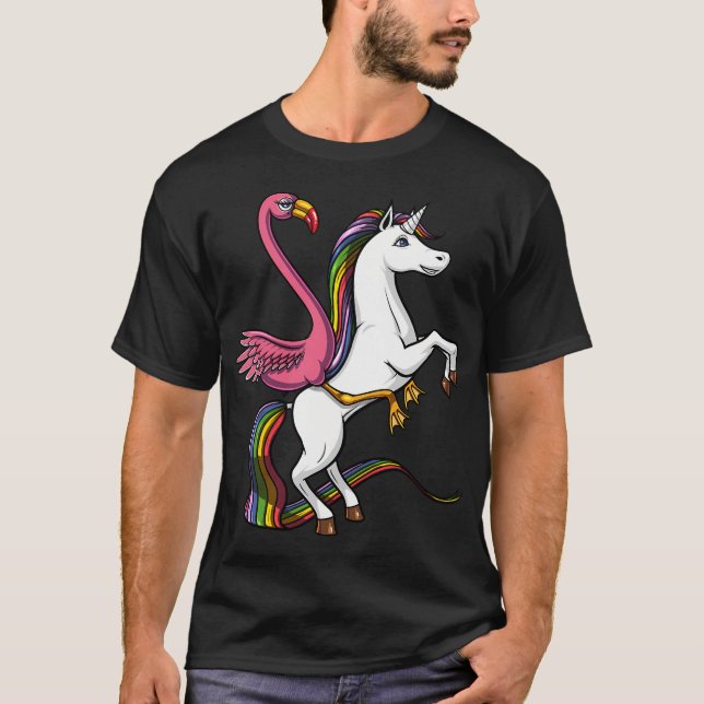 Flamingo Bird Riding Unicorn T-Shirt (Front)