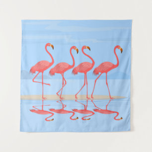 Flamingo bird walking on the beach in summer desig tapestry