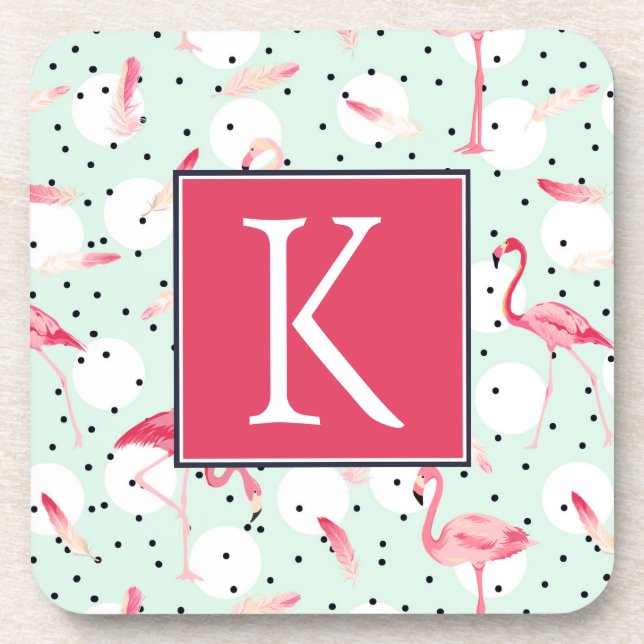 Flamingo Bird With Feathers | Add Your Initial Coaster (Front)