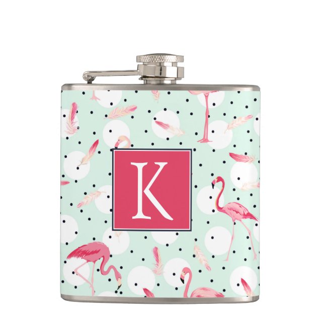 Flamingo Bird With Feathers | Add Your Initial Hip Flask (Front)