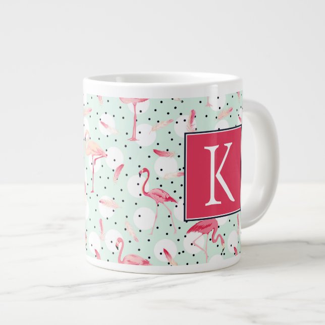 Flamingo Bird With Feathers | Add Your Initial Large Coffee Mug (Front Right)